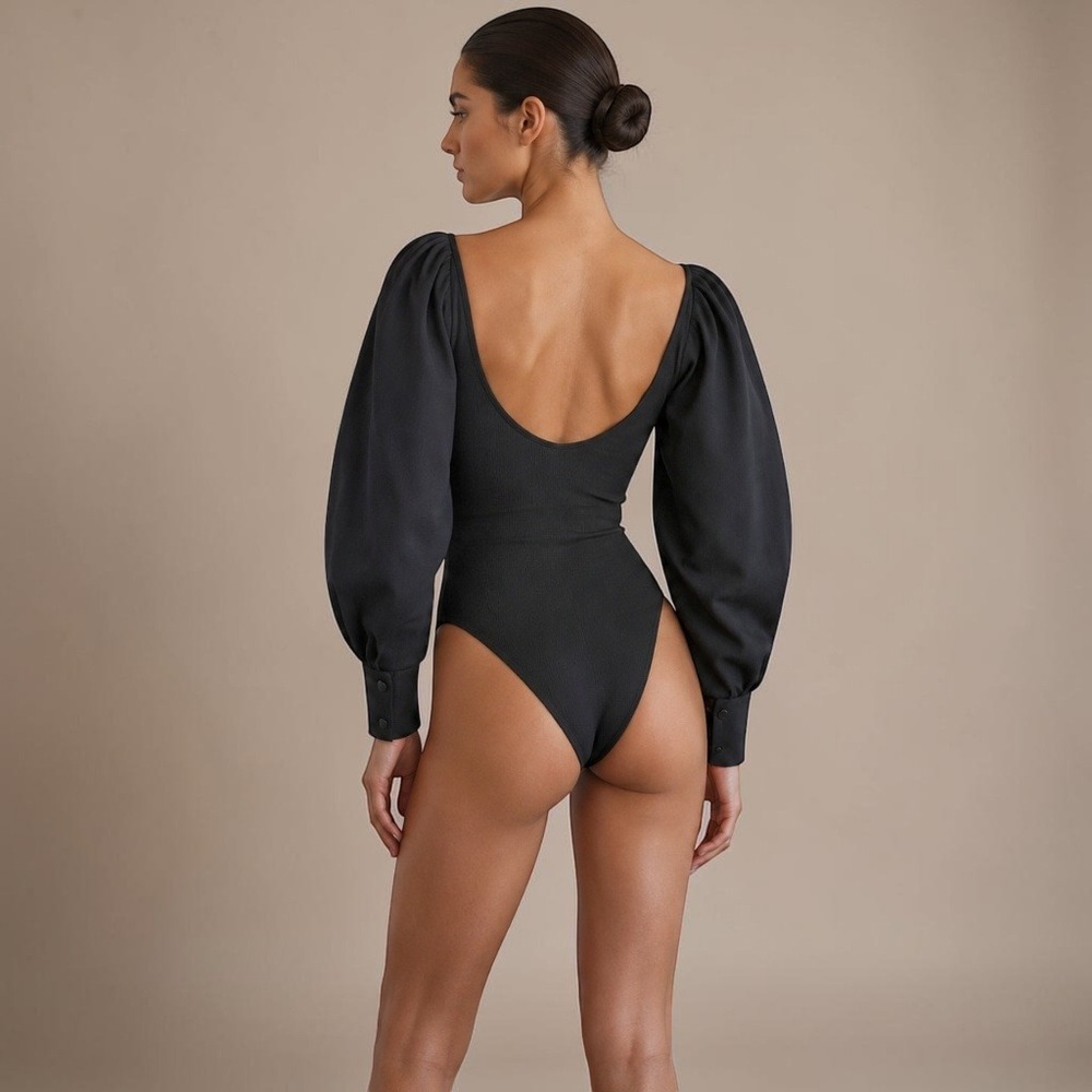 Zara Ribbed Puff Sleeve Sleeve Cheeky Bodysuit Sz S Black - Picture 2 of 8